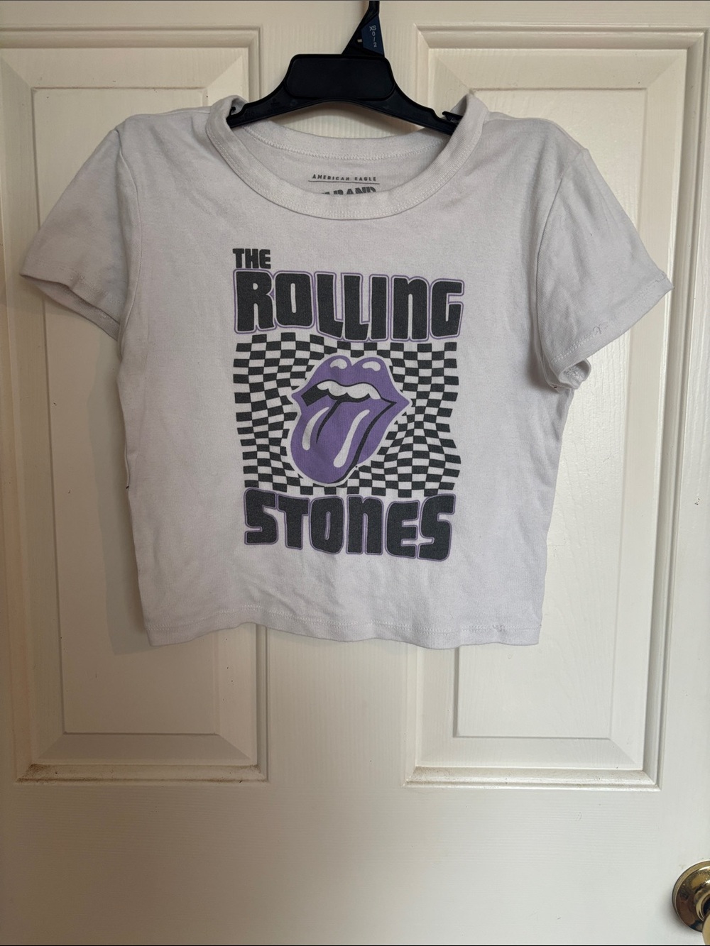 American Eagle Outfitters White Rolling Stones Graphic Tee with Purple Logo